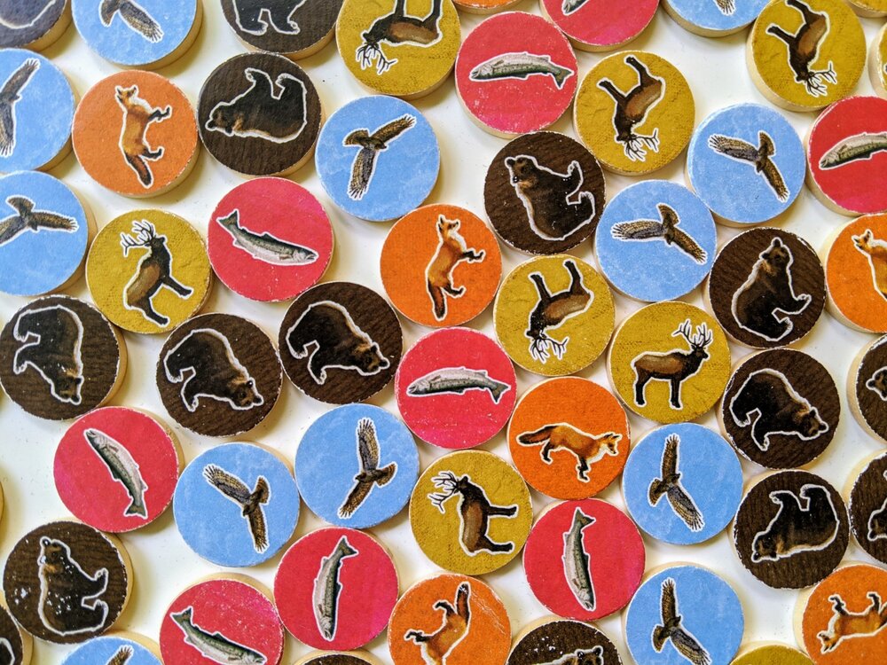 Cascadia board game full player setup with completed habitat ecosystems