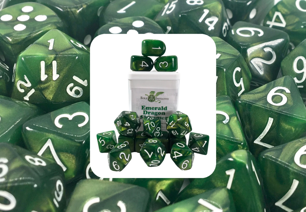 Polyhedral Dice: Emerald Dragon Shimmer - Set of 15 | Elderwoods