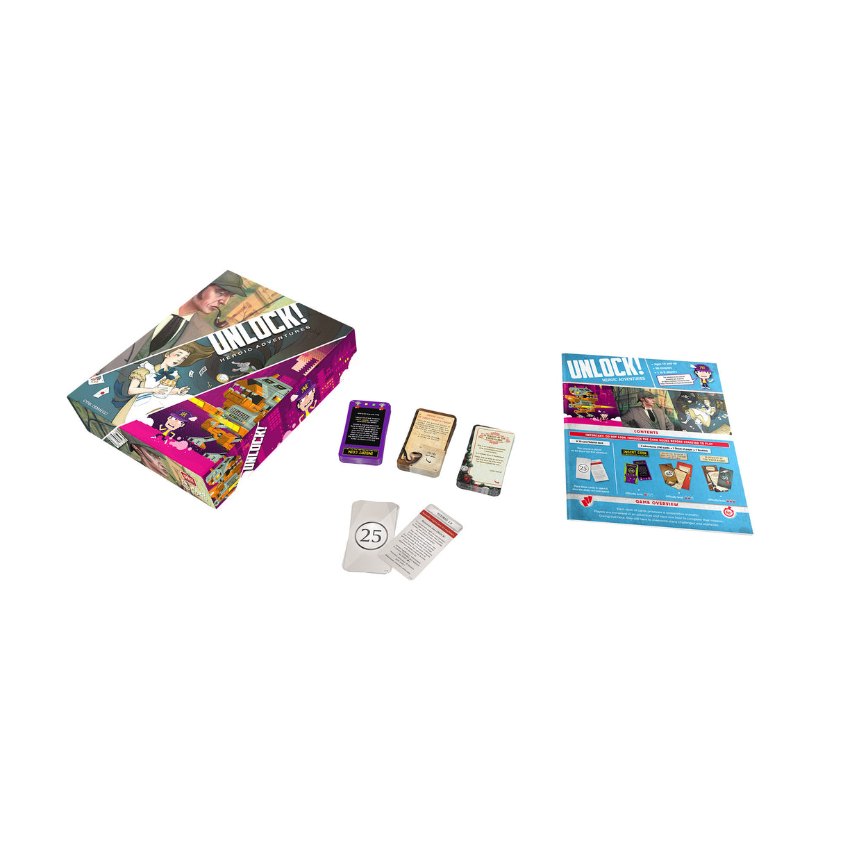 Unlock!: Heroic Adventures board game cards and components