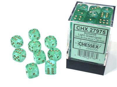 Chessex - Borealis 12mm d6 Light green/gold luminary dice block (36 dice)