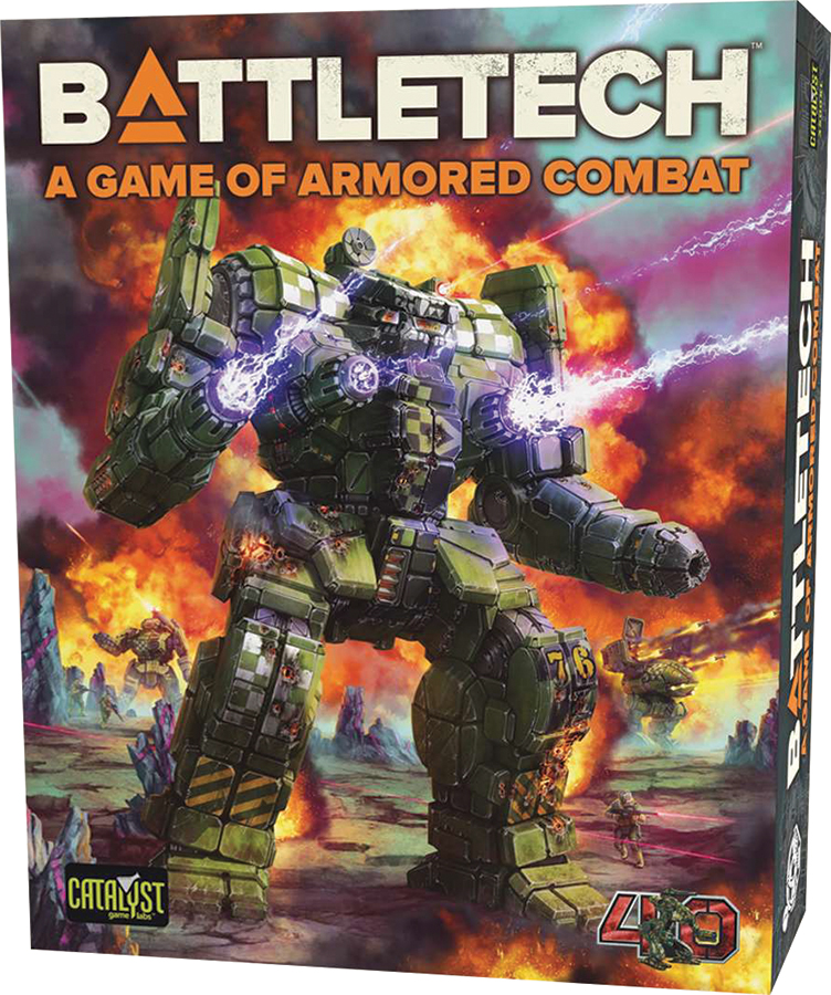 BattleTech: The Game of Armored Combat - 40th Anniversary game components and BattleMech miniatures