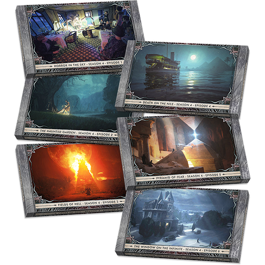 Cthulhu: Death May Die: Season 4 game components and investigator miniatures