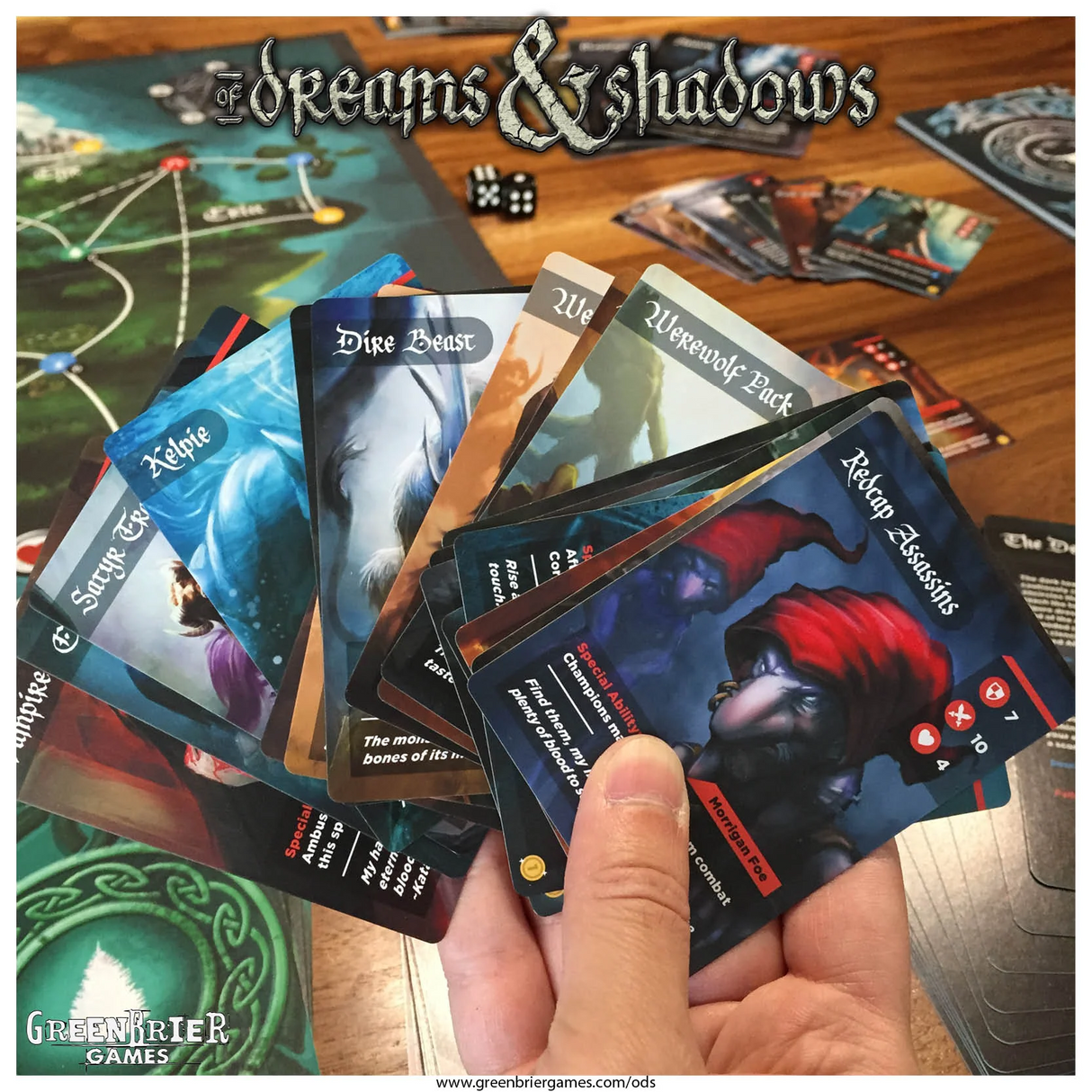 Of Dreams & Shadows character cards and game board