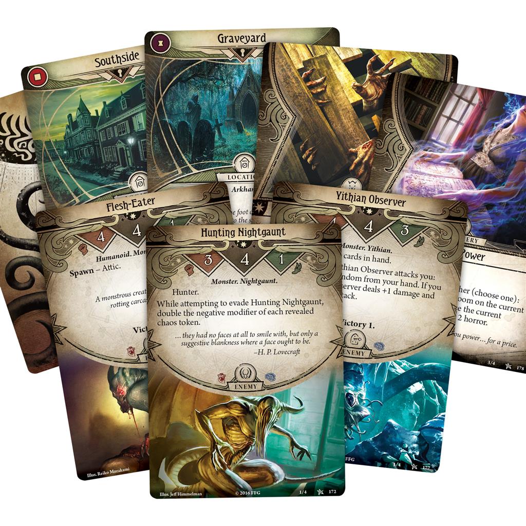 Arkham Horror: The Card Game RPG investigator cards and scenario cards