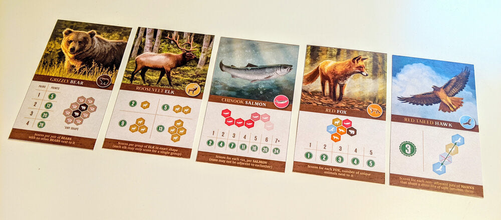 Cascadia board game component spread showing tiles, tokens, and scoring cards