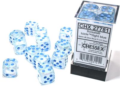 Chessex - Borealis 16mm d6 Icicle/light blue Luminary dice block (12 dice)