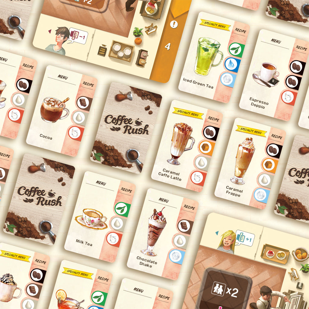 Coffee Rush board game components and cards