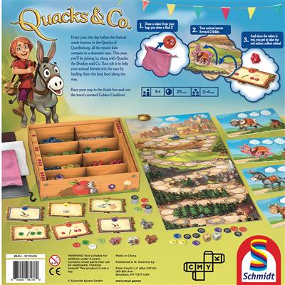 Quacks & Co game components including ingredient tokens, potion brewing boards, and animal characters