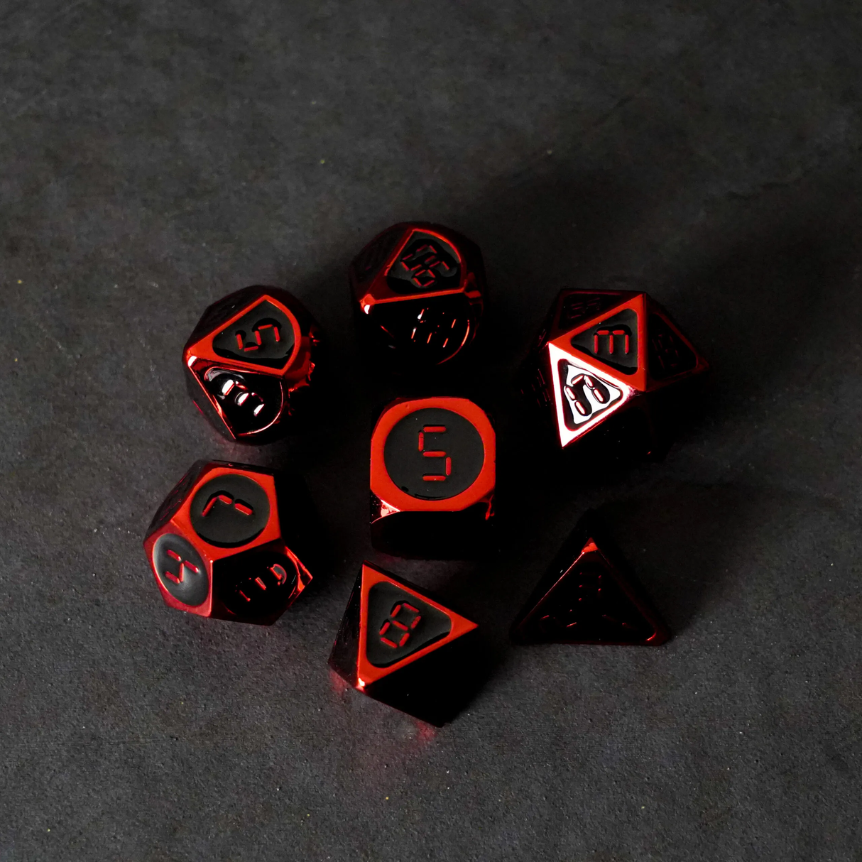 16mm Metal Polyhedral Dice: Red with black enamel full set display