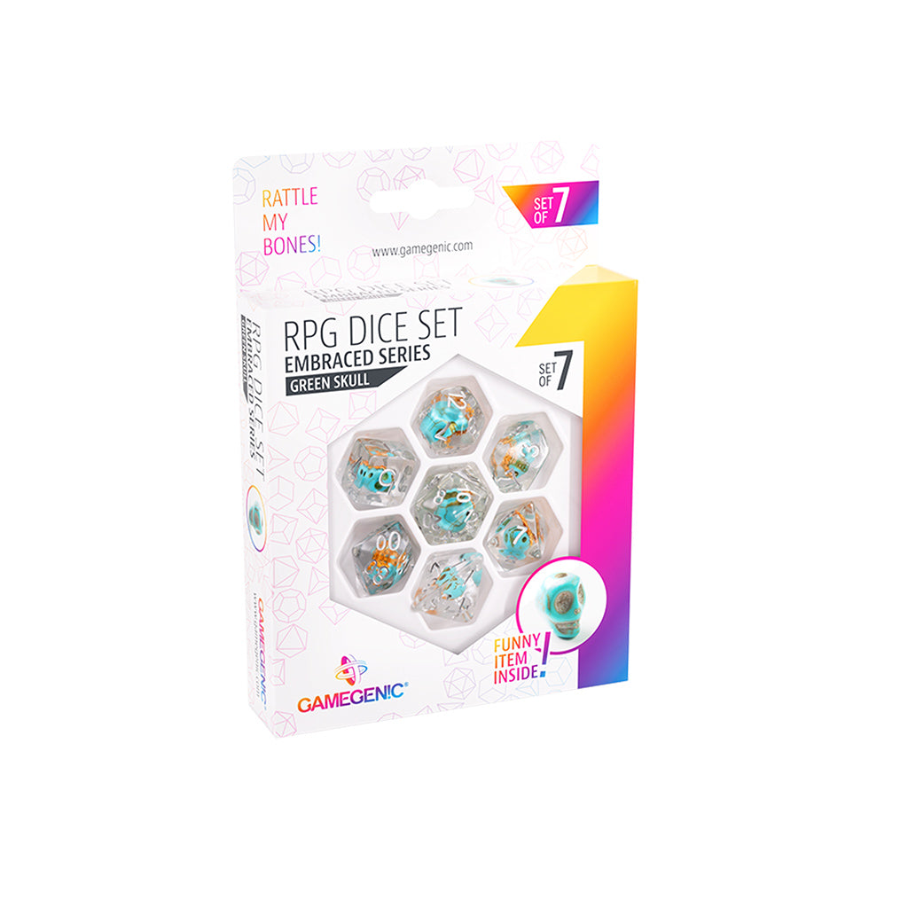 RPG Dice Set Embraced Series - Green Skull Set of 7 close-up showing embedded skull details