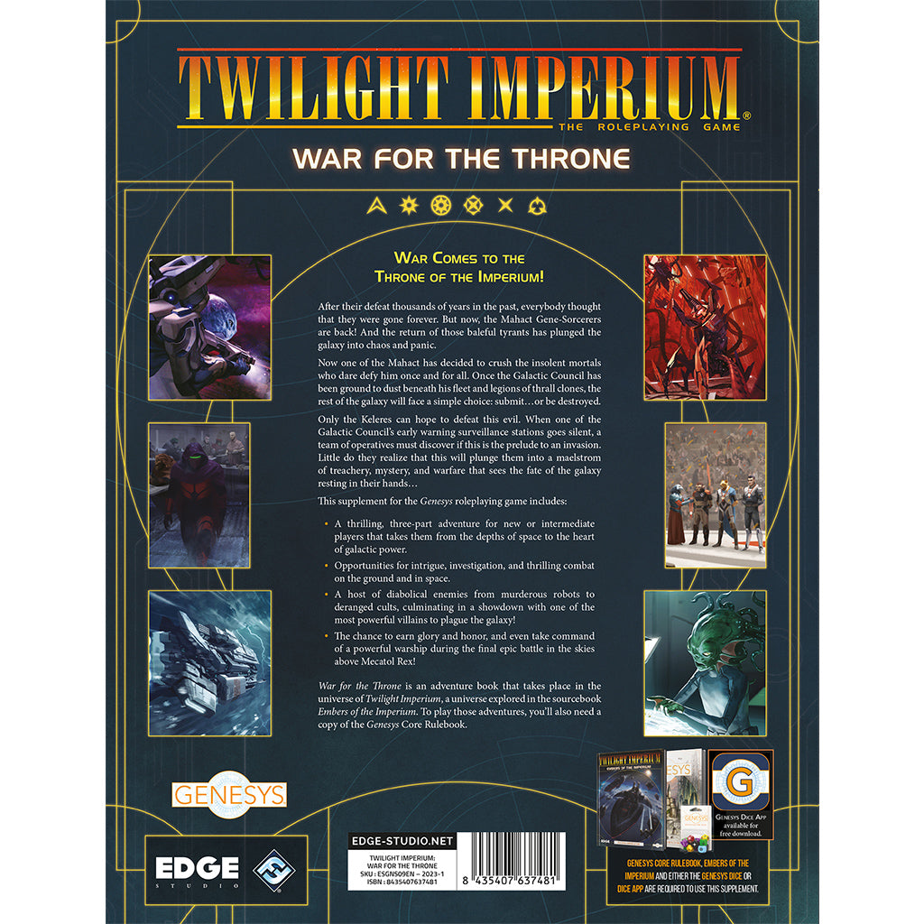 Genesys: Twilight Imperium RPG - War for the Throne RPG back cover with details