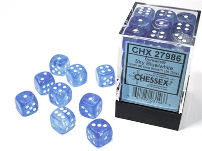Chessex - Borealis 12mm d6 Sky blue/white luminary dice block (36 dice)