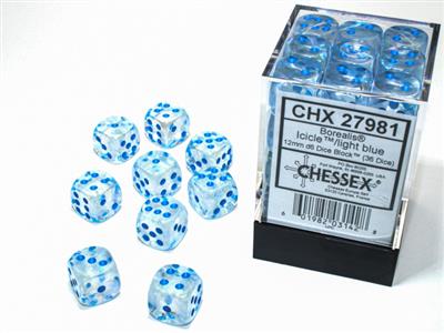 Chessex - Borealis 12mm d6 Icicle/light blue luminary dice block (36 dice)