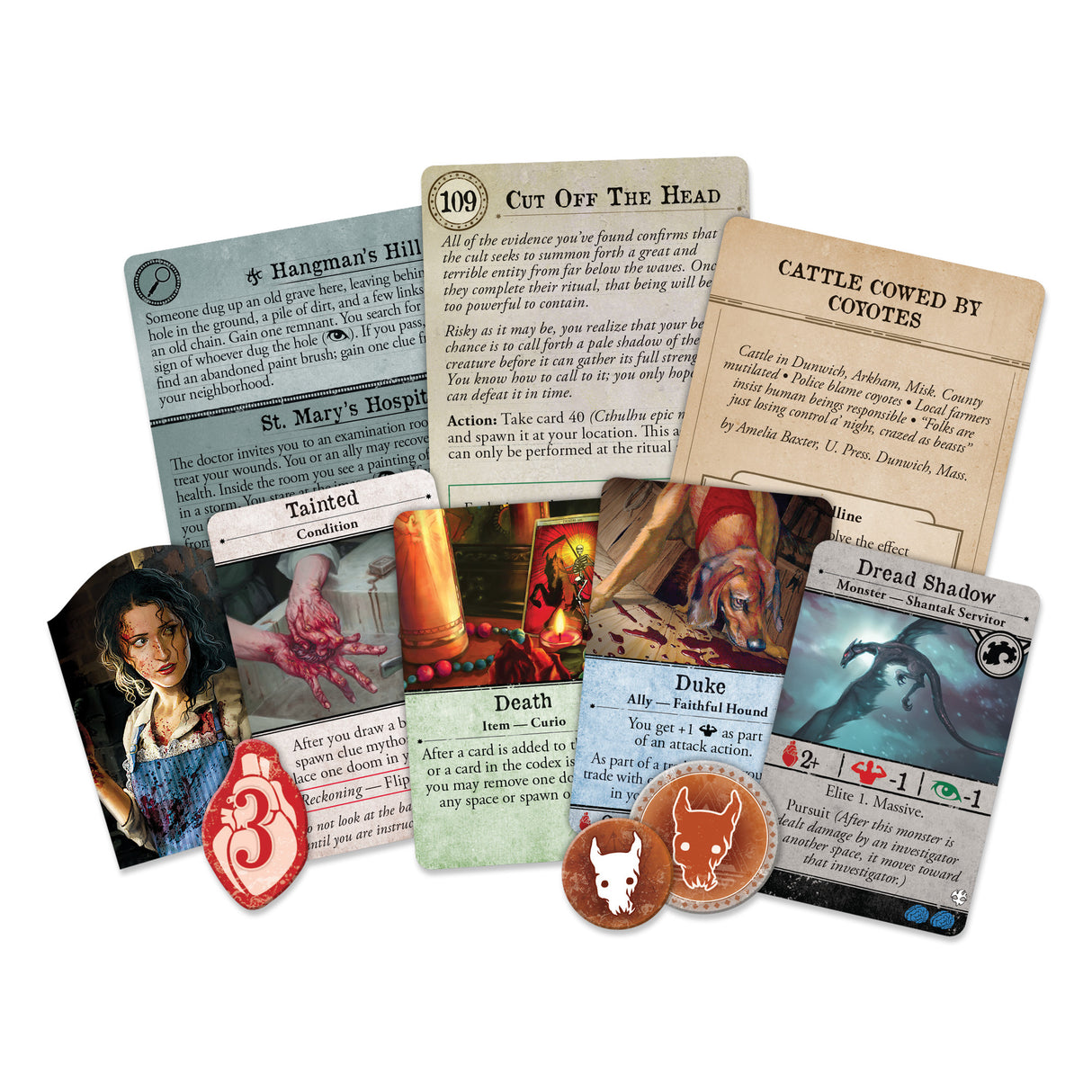 Arkham Horror: Under Dark Waves Expansion detailed game pieces and investigator cards