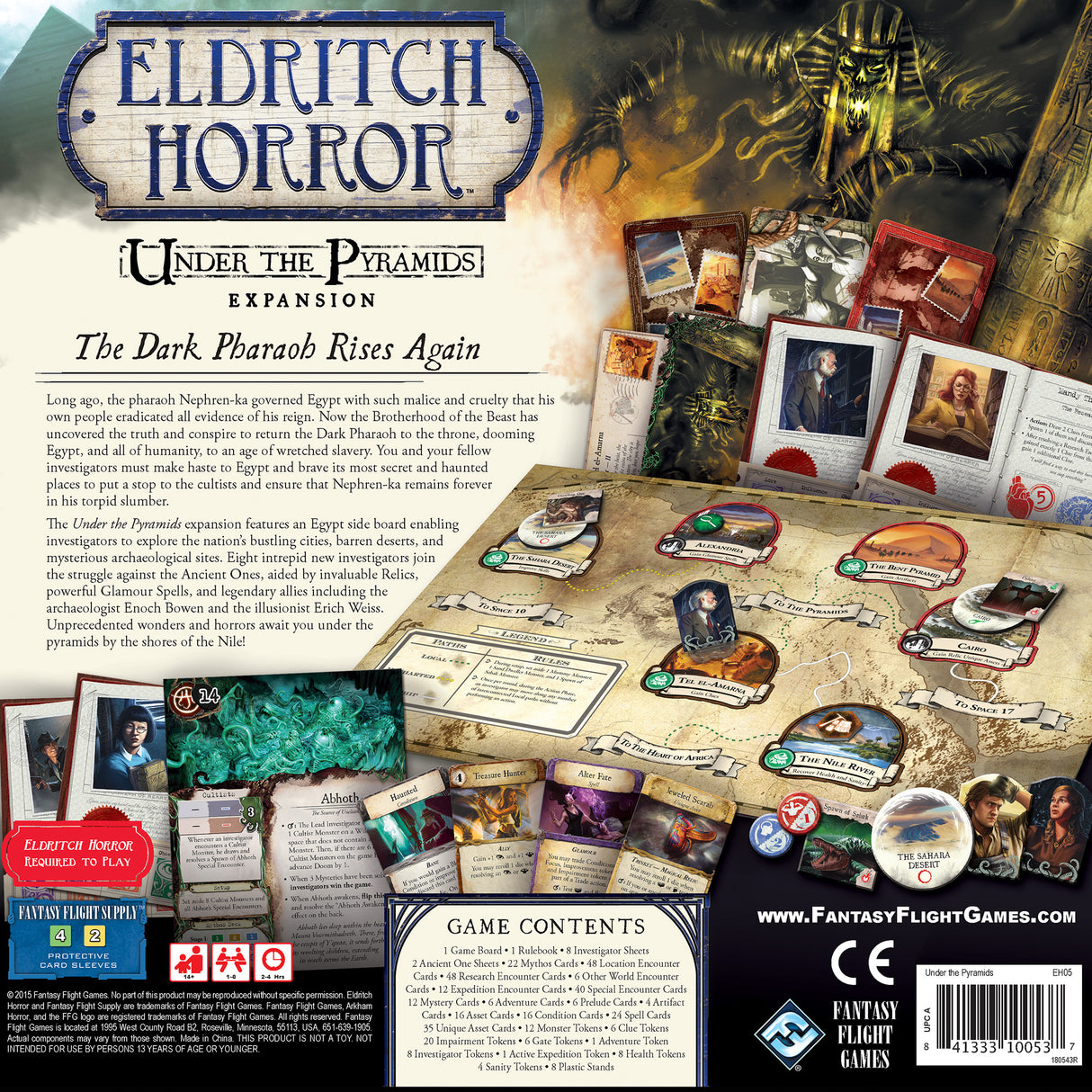 Eldritch Horror Under the Pyramids complete expansion content with Egyptian mythos and adventure elements