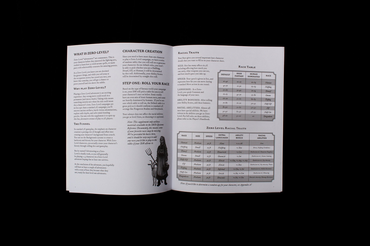 Zero Level Rulebook for 5E RPG interior pages with rules and mechanics