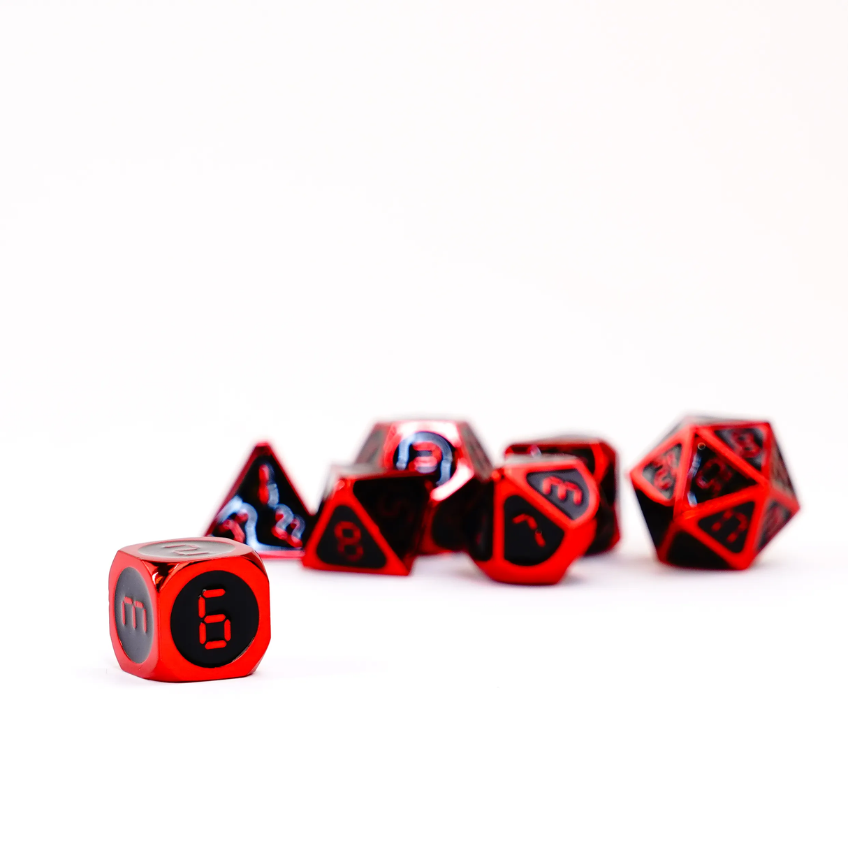 16mm Metal Polyhedral Dice: Red with black enamel individual dice view