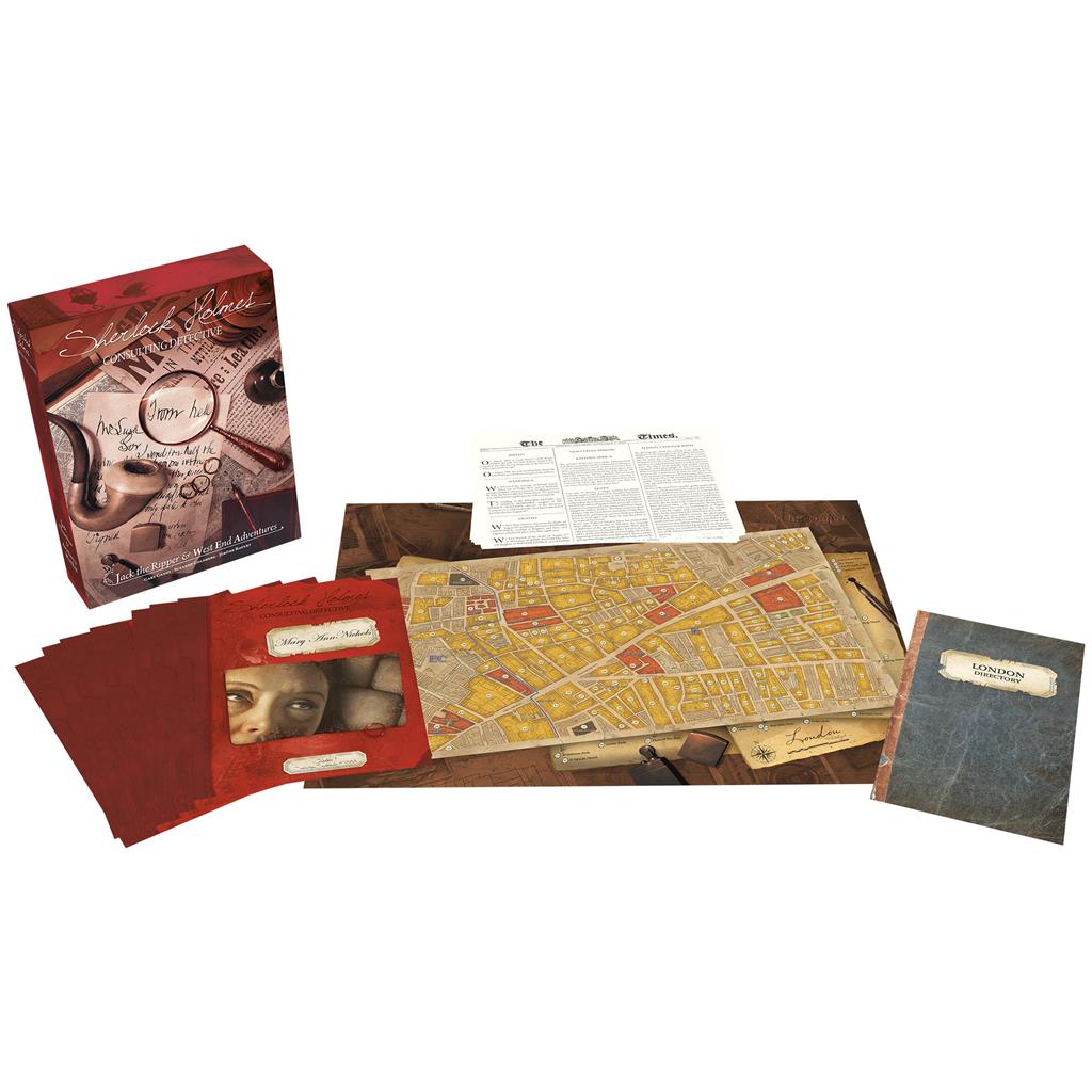 Sherlock Holmes Jack the Ripper and West End Adventures game components including case files, maps, and investigation materials