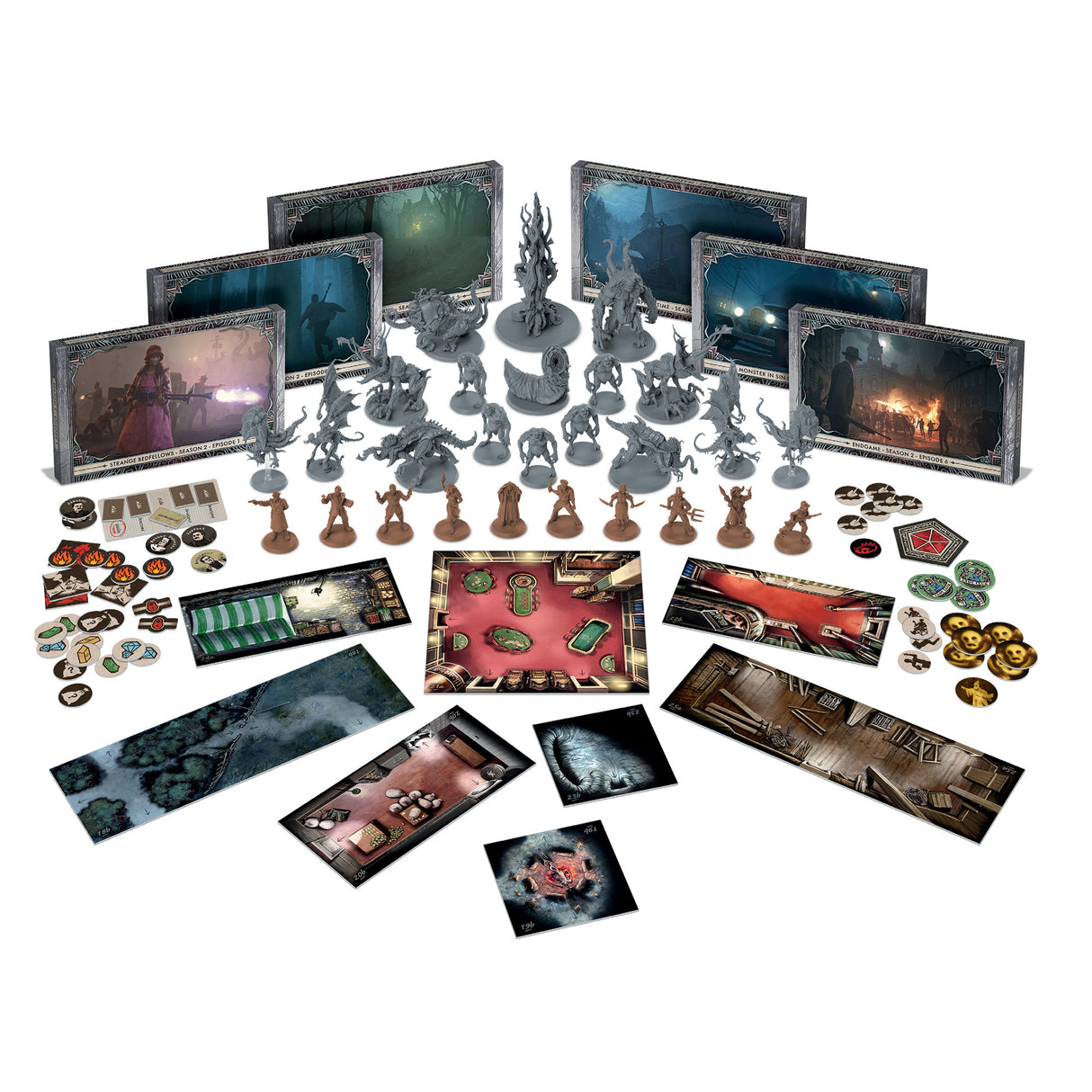 Cthulhu: Death May Die: Season 2 game components and miniatures