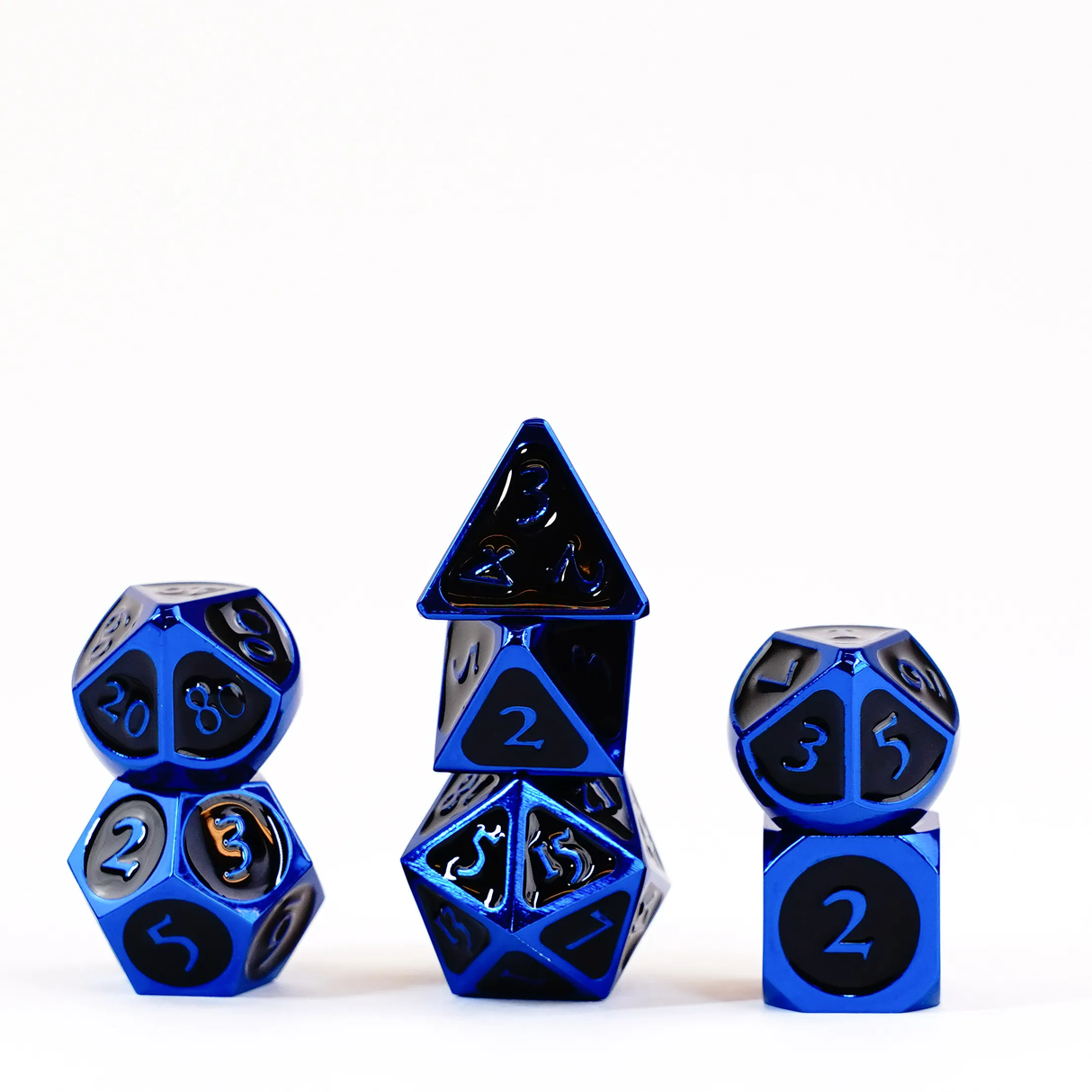 16mm Metal Polyhedral Dice: Blue with black enamel close-up detail