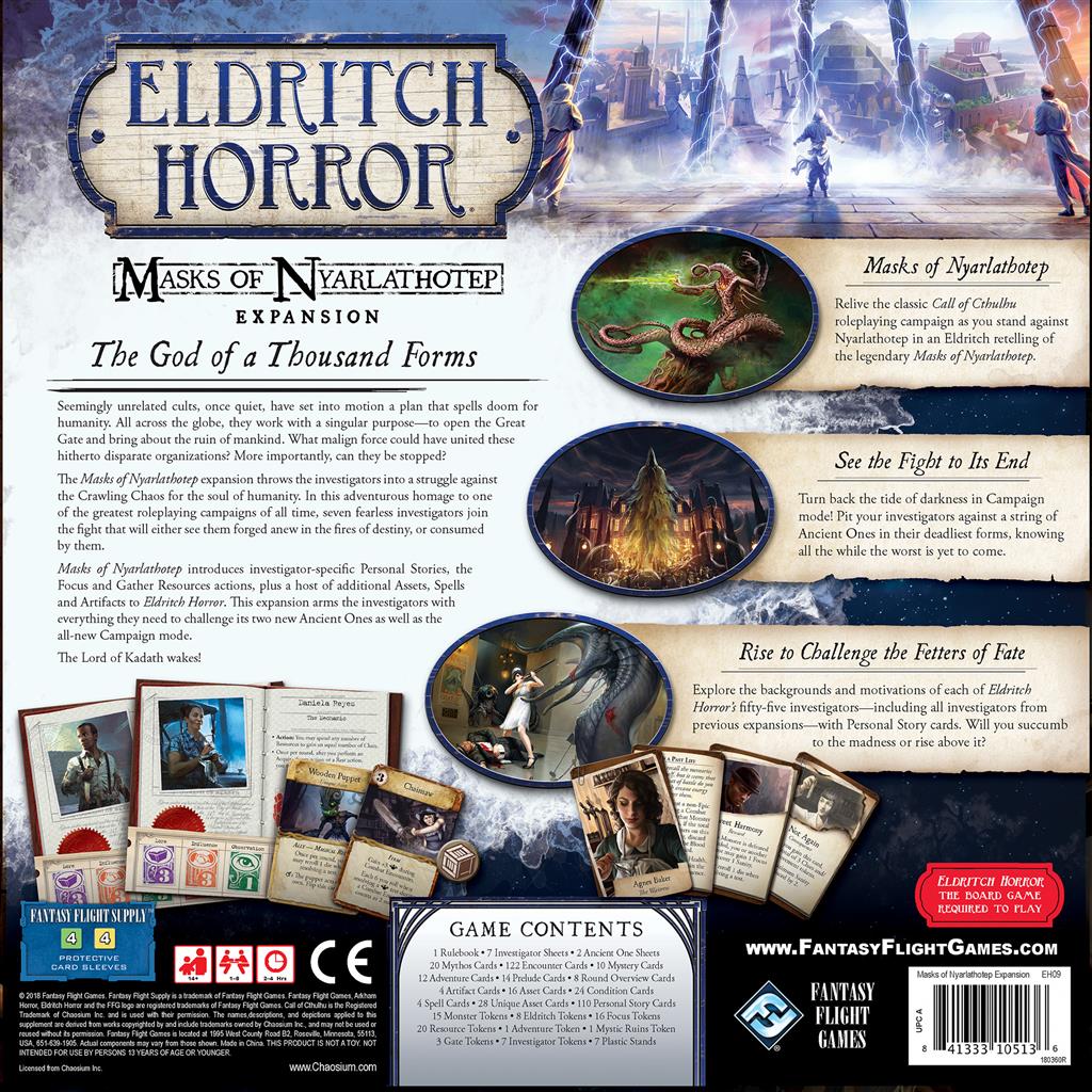 Eldritch Horror Masks of Nyarlathotep complete expansion content with worldwide investigation and horror elements