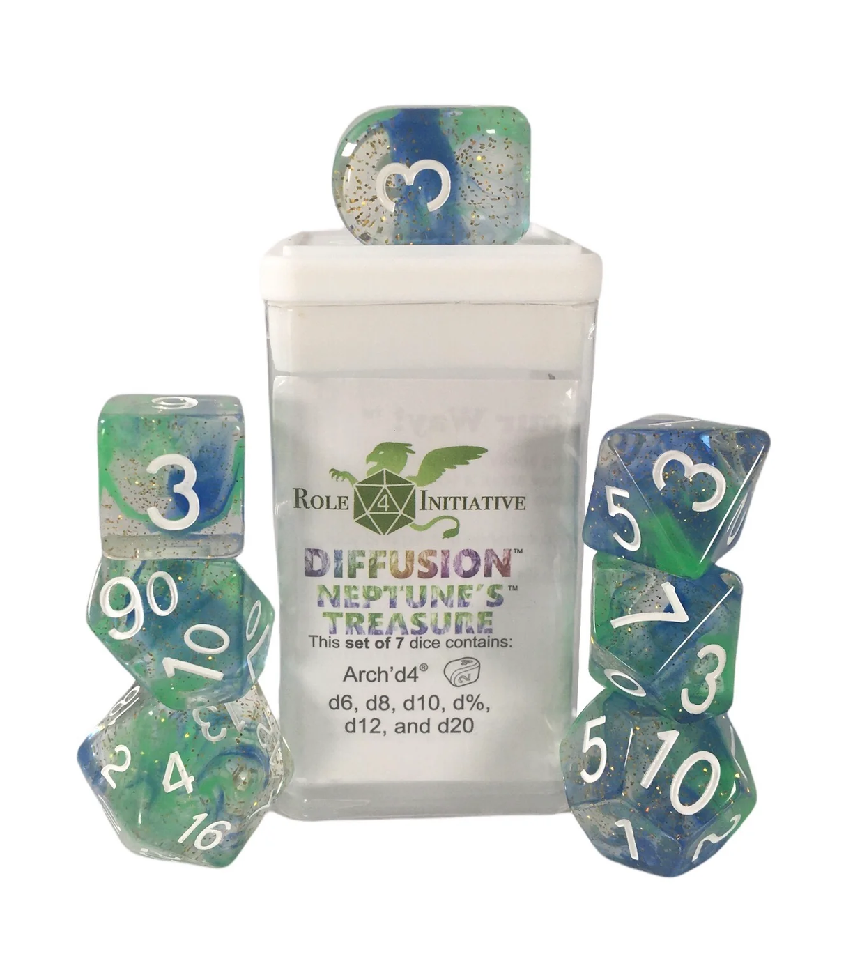 Polyhedral Dice: Diffusion Neptune's Treasure - set of 7 RPG | Elderwoods