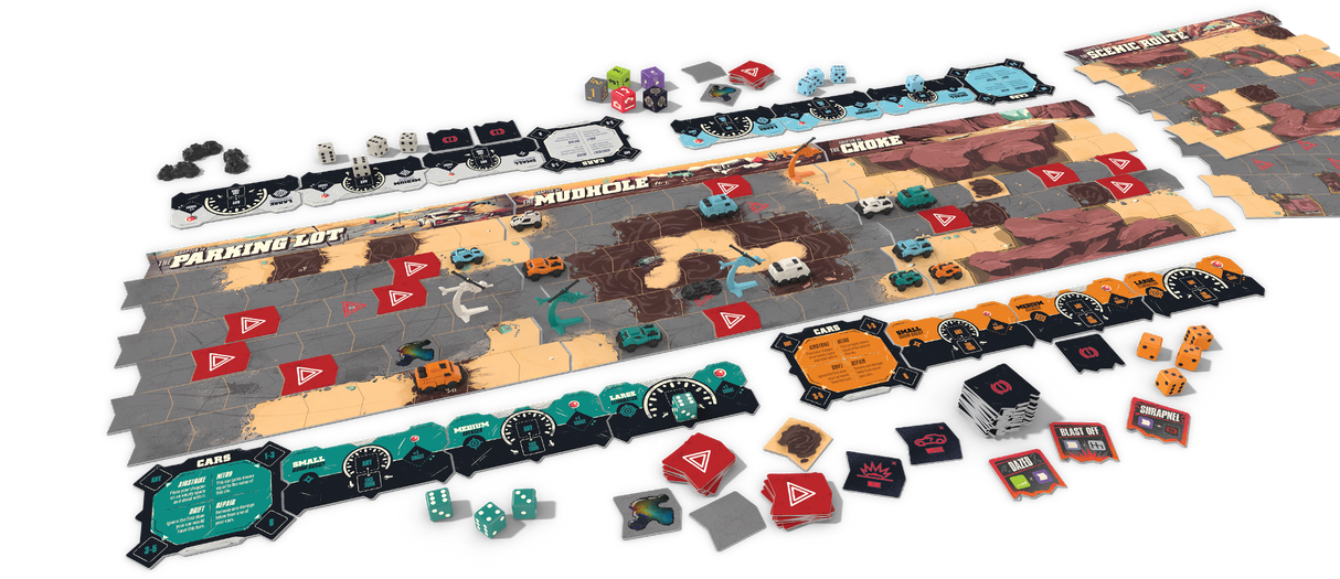 Thunder Road: Vendetta - Deluxe Edition game components and vehicle miniatures