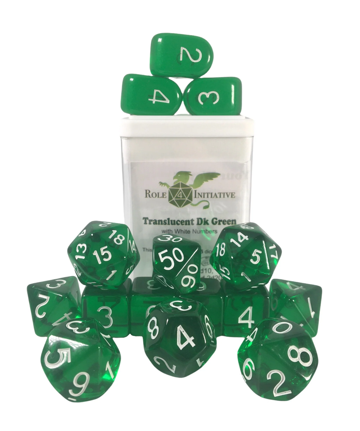 Polyhedral Dice: Translucent Dark Green w/ White Numbers - Set of 15 | Elderwoods