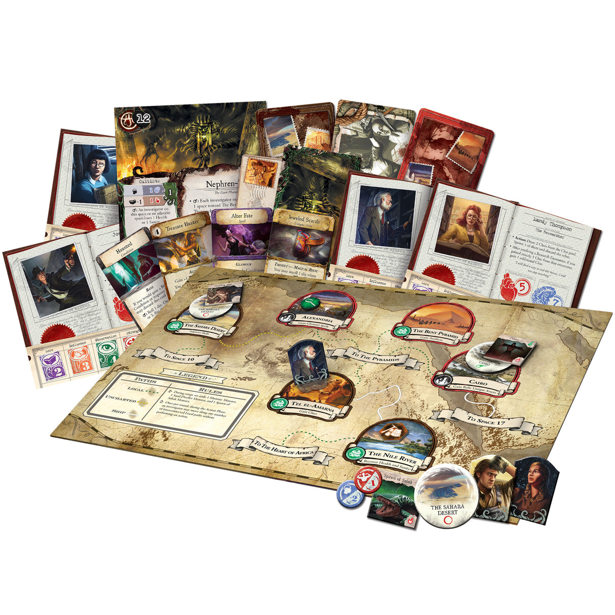 Eldritch Horror Under the Pyramids detailed expansion pieces with pyramid exploration and artifact cards