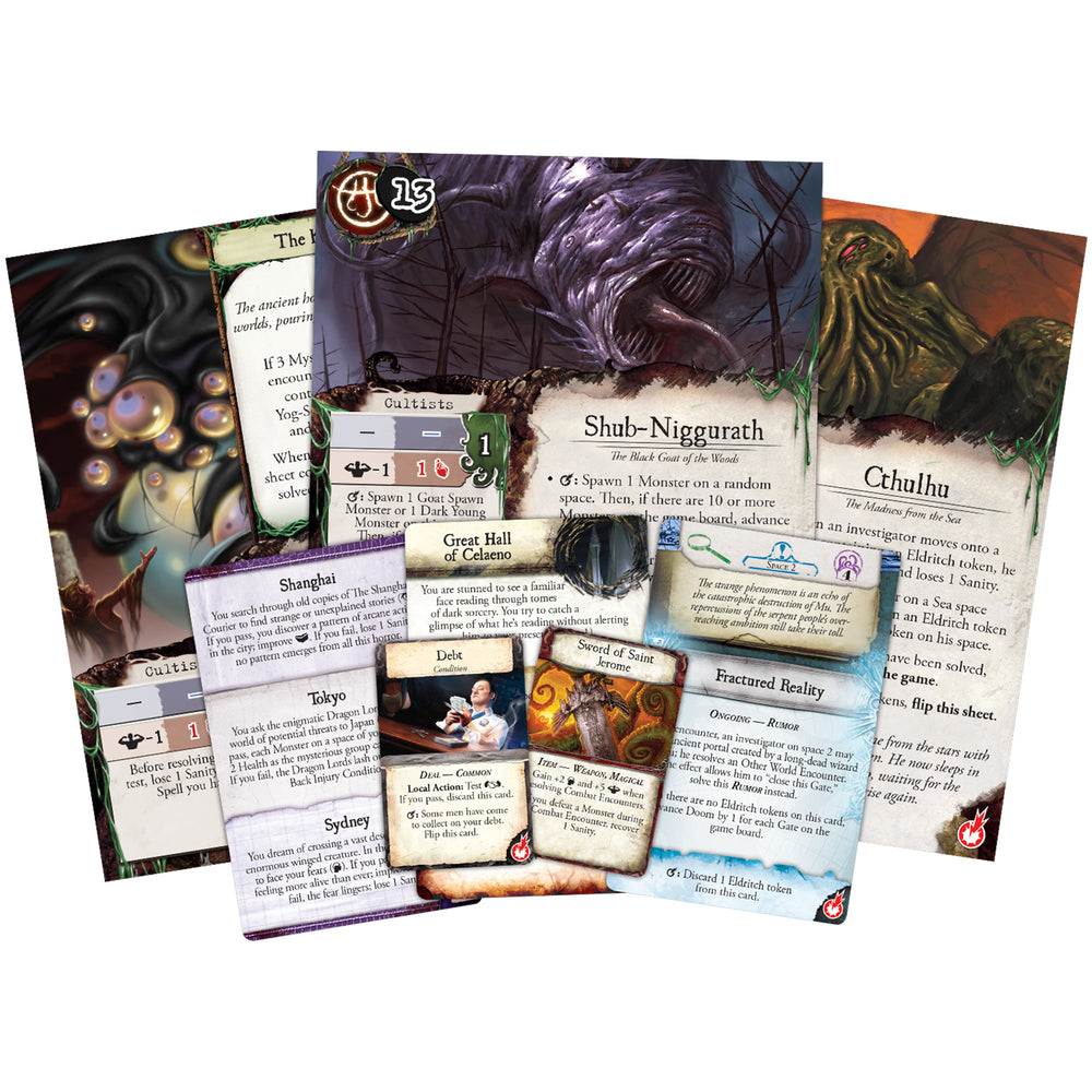 Eldritch Horror detailed game pieces and encounter cards