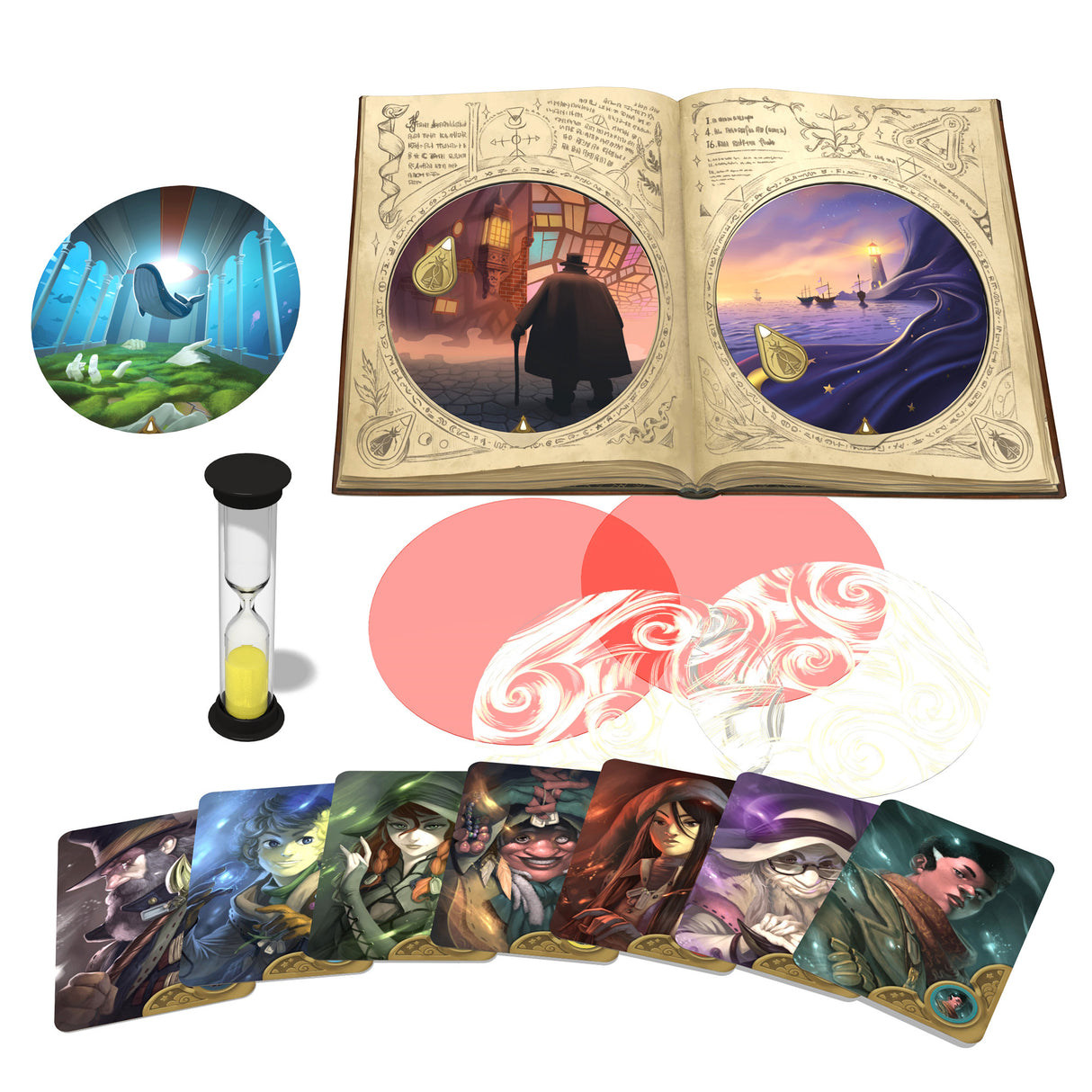 Obscurio game components including illusion cards and magical library escape mechanics