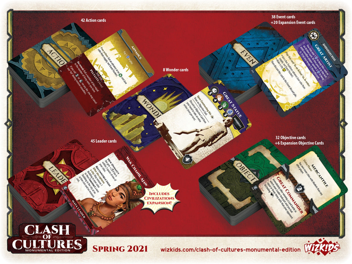Clash of Cultures Monumental Edition technology cards, action cardsl, leader cards and objective cards