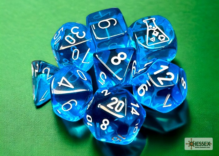 Chessex - Lab Dice Translucent Tropical Blue/white Polyhedral 7-Dice Set (with bonus die) | Elderwoods
