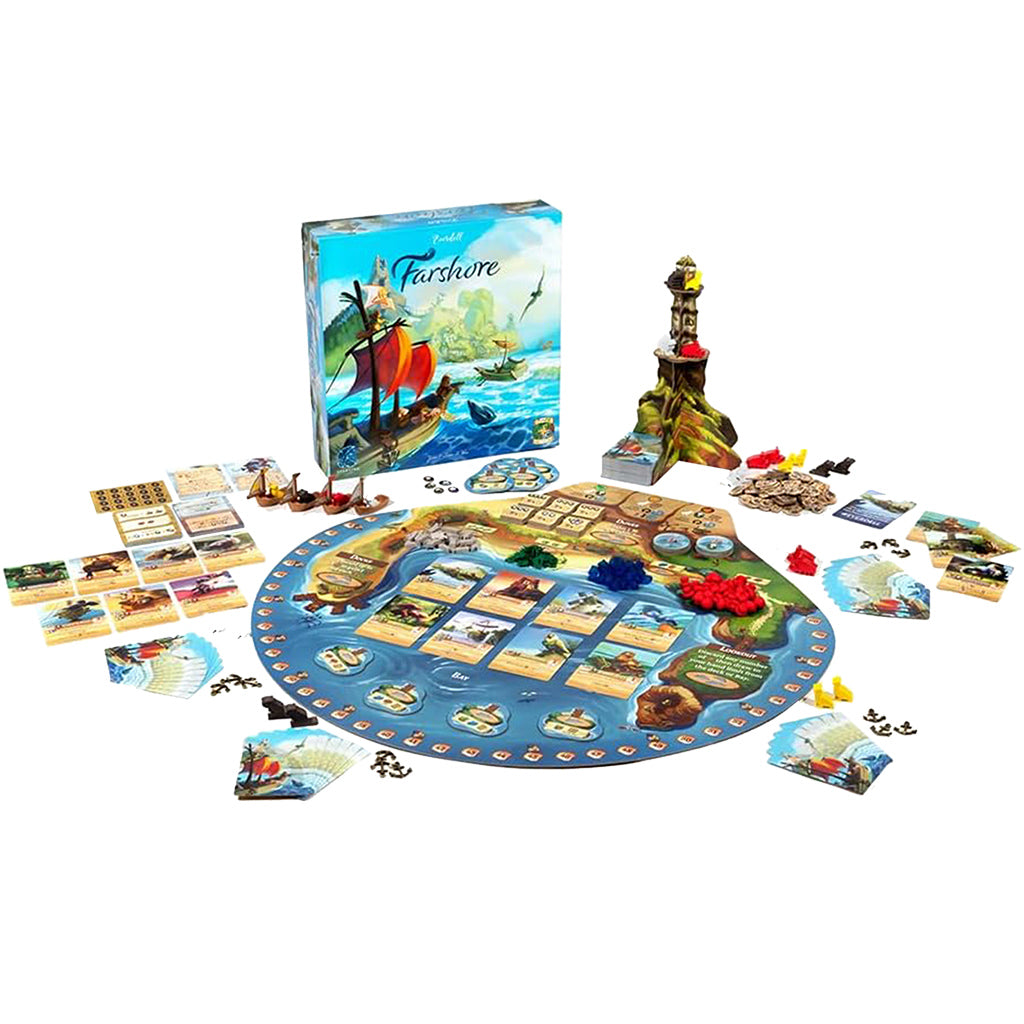 Everdell Farshore game board with ocean exploration and islands