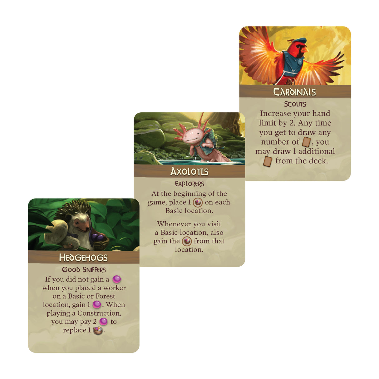 Everdell Bellfaire expansion components including new critters, constructions, and player boards