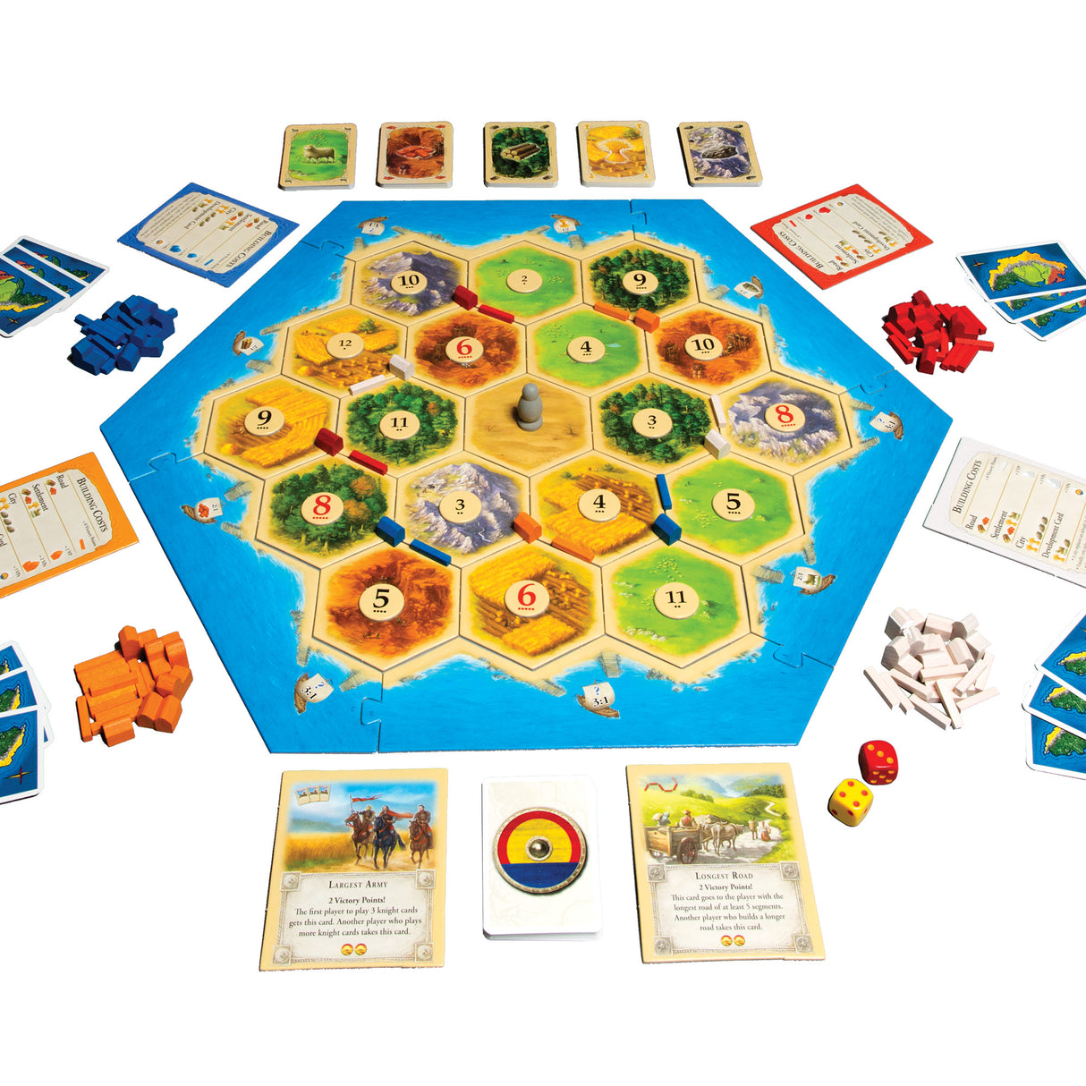 Catan game components including resource cards, settlement pieces, and hexagonal tiles