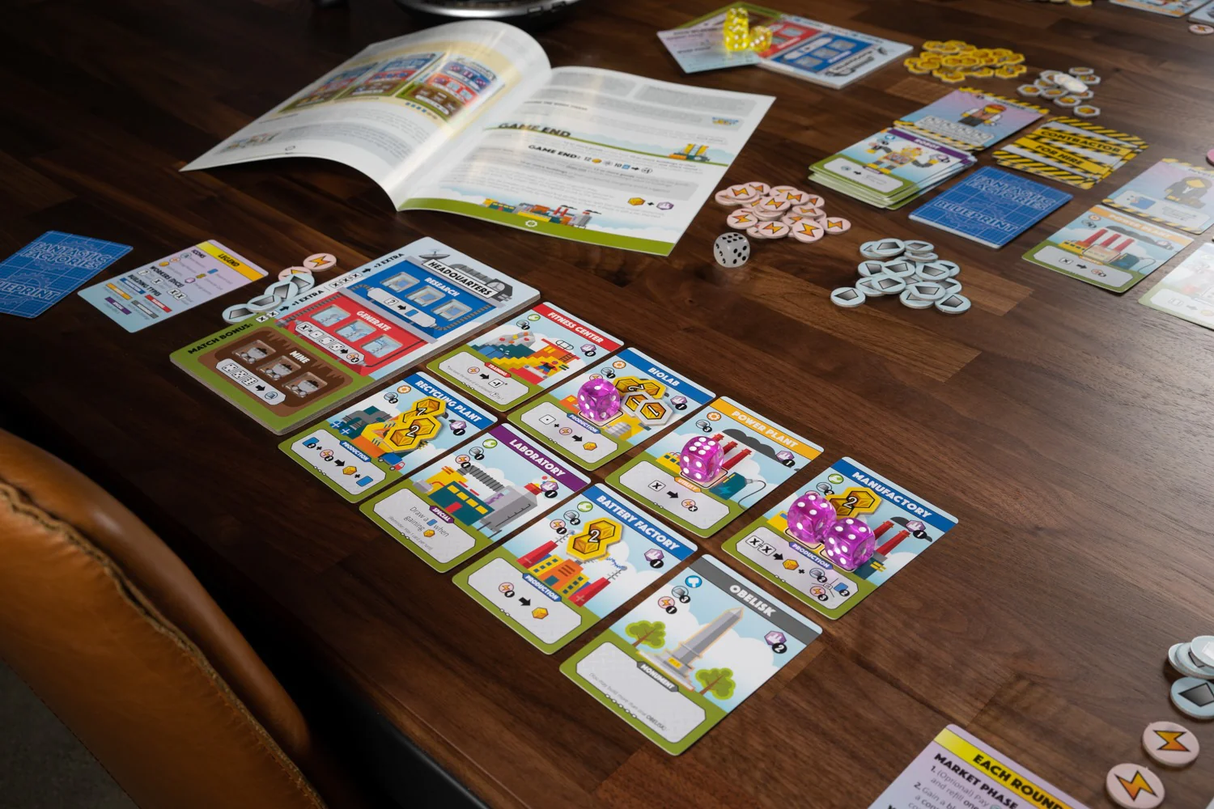Fantastic Factories board game components and cards