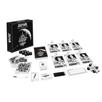 Escape the Dark Sector game components including sci-fi character cards and dice