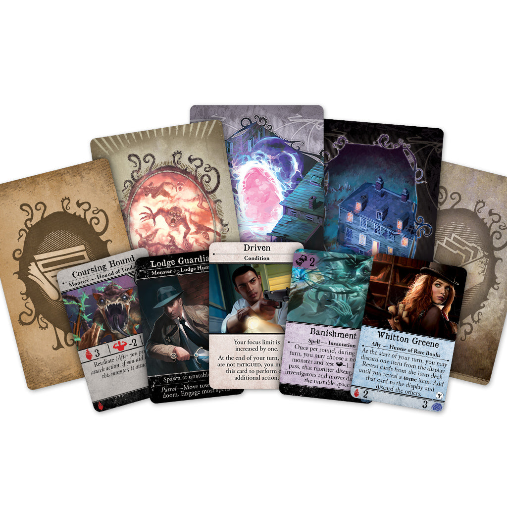 Arkham Horror: Secrets of the Order scenario cards and tokens