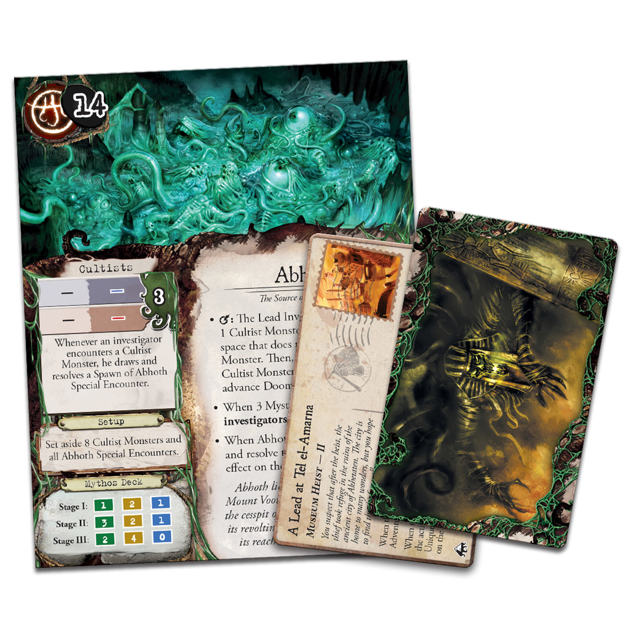 Eldritch Horror Under the Pyramids expansion components including Egyptian adventure cards and investigators