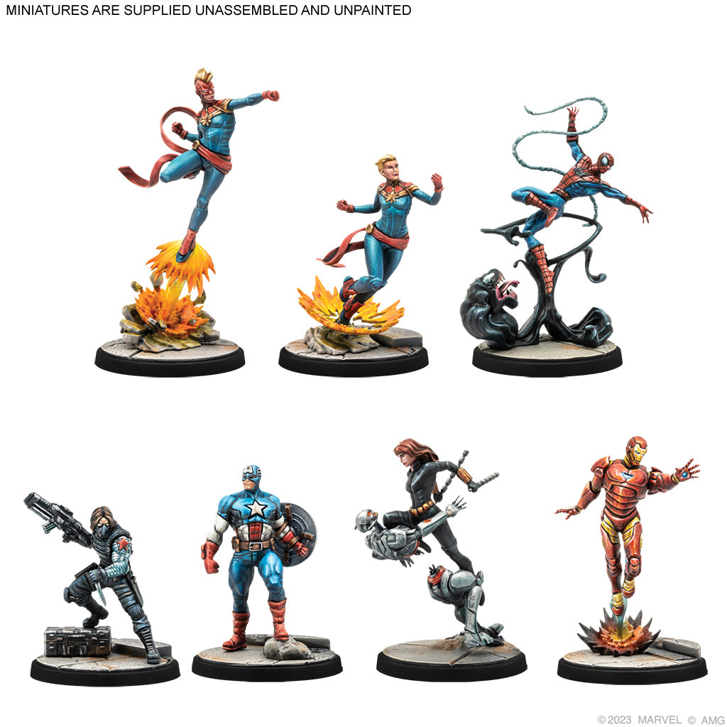 Marvel Crisis Protocol miniatures including Captain America and Iron Man