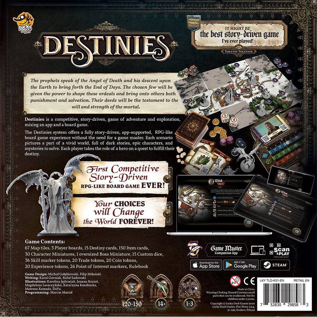 Destinies detailed game pieces with hero figures and destiny-driven narrative elements