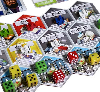 Dice Hospital gameplay setup with hospital departments
