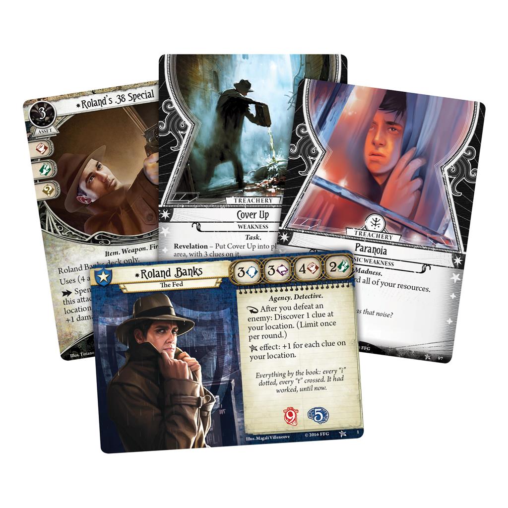 Arkham Horror: The Card Game RPG game components including tokens and encounter cards