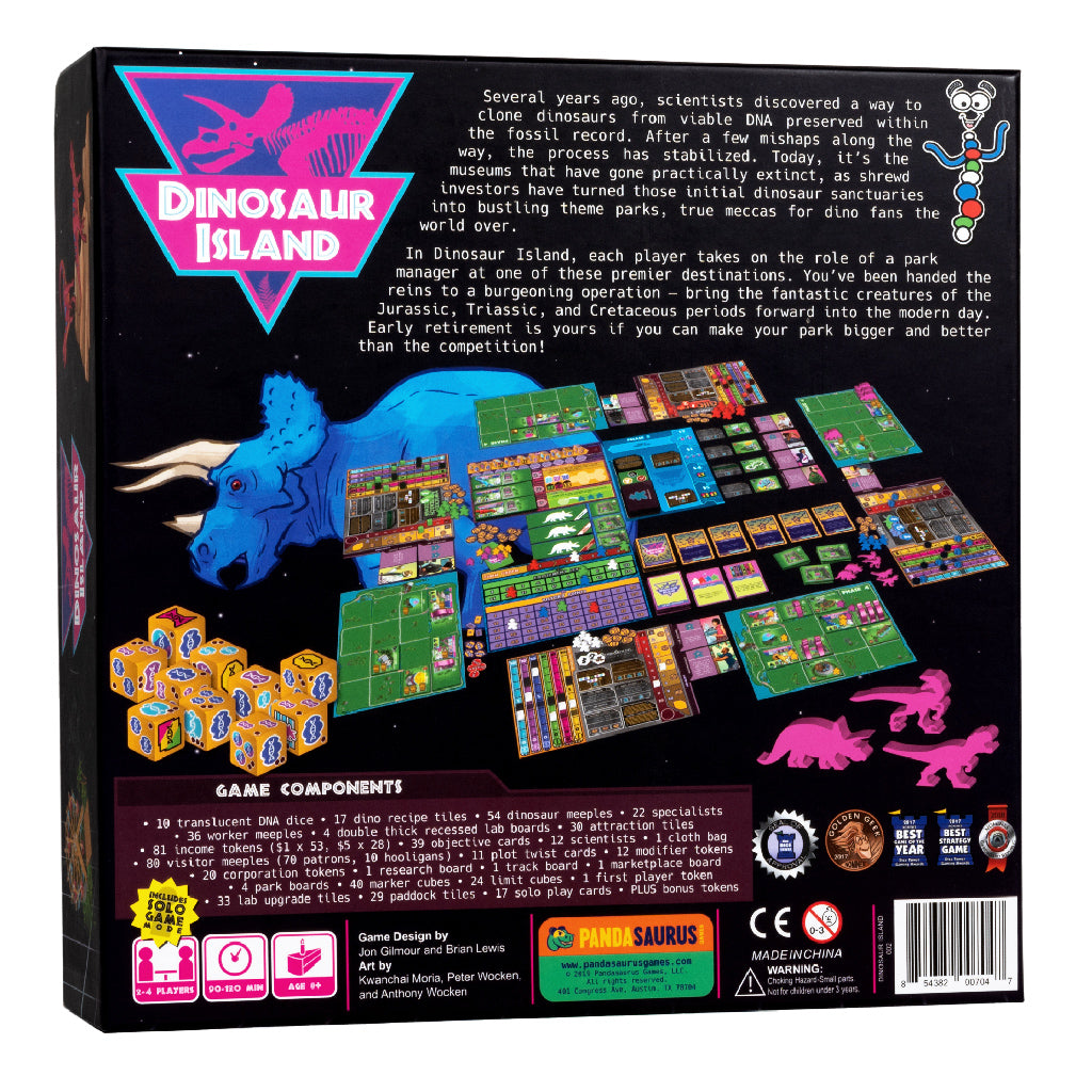 Dinosaur Island detailed game pieces featuring dinosaur creation and visitor management elements