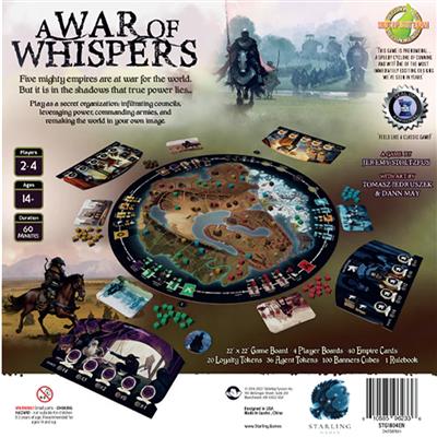 A War of Whispers detailed game pieces and loyalty tokens
