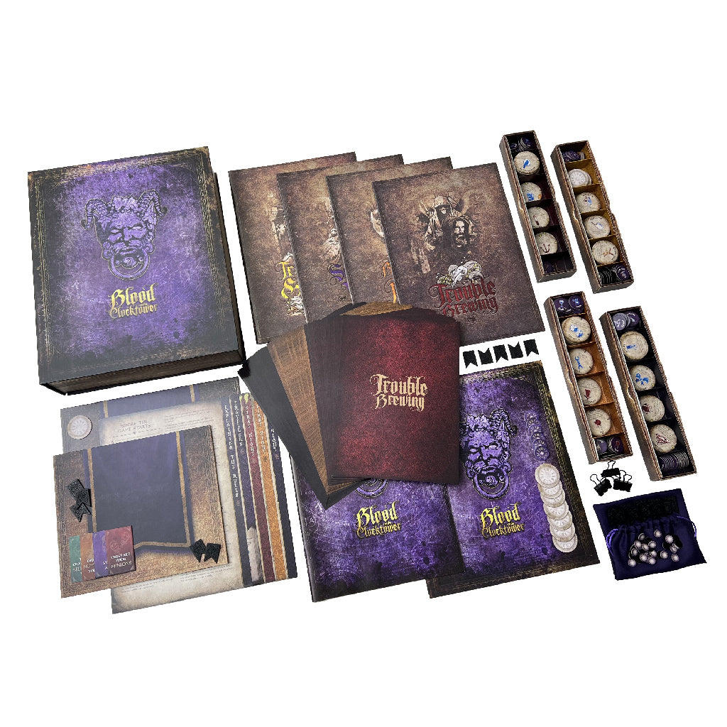 Blood on the Clocktower game components with character tokens and grimoire