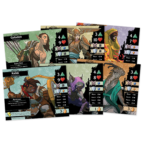 Descent Legends of the Dark hero miniatures and game components