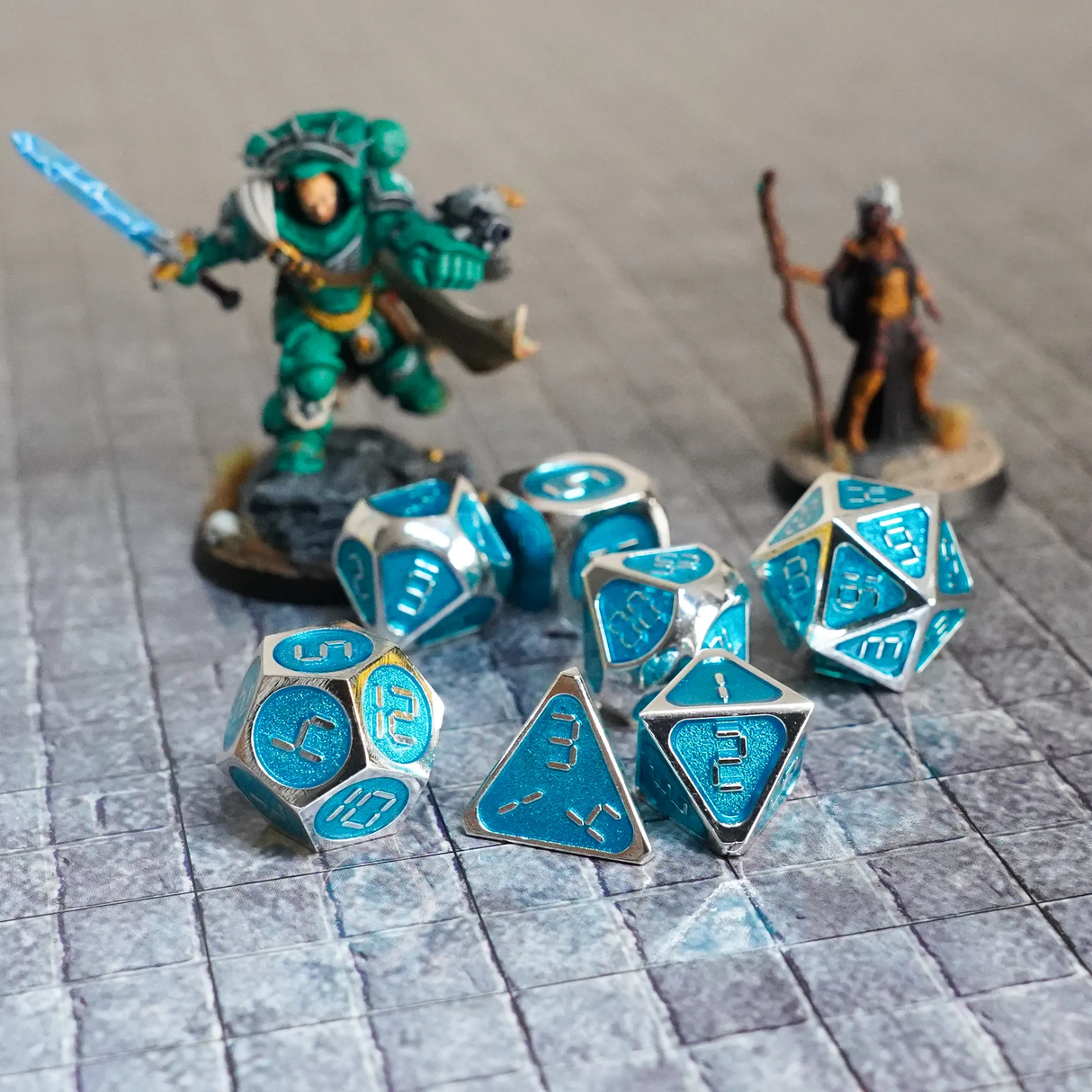 16mm Metal Polyhedral Dice: Silver with teal enamel enamel inlay detail