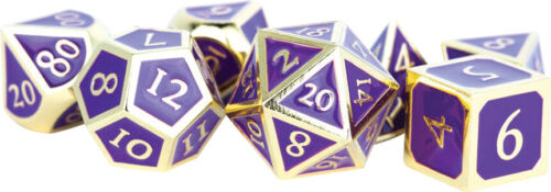 16mm Metal Polyhedral Dice: Gold with purple enamel